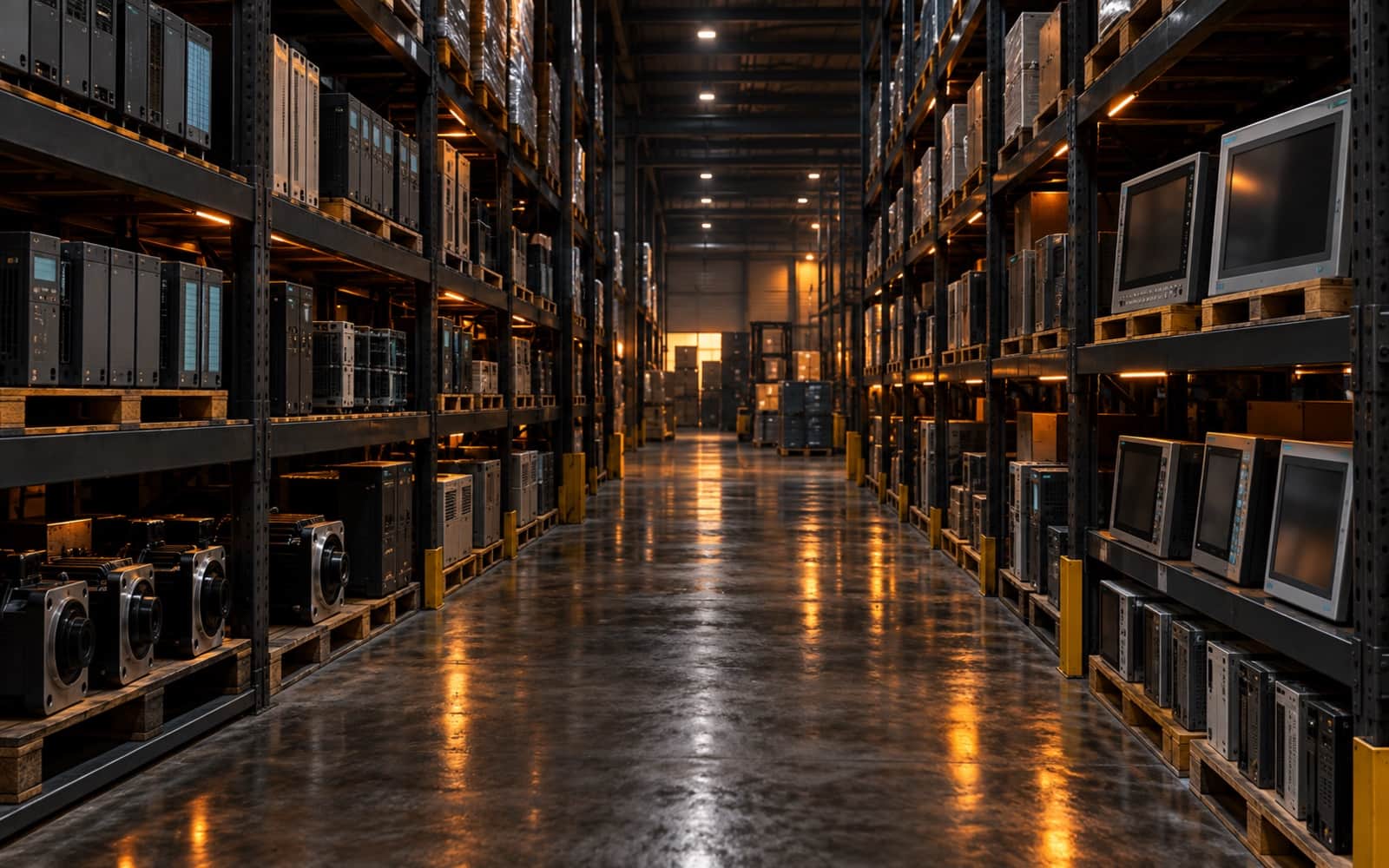 Warehouse aisle with racks of PLC controllers and drives